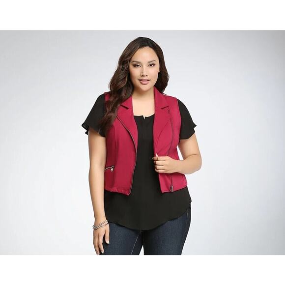 Torrid Moto Cropped Vest Full Zip Pockets Biker Jacket Beet Red Size 1 1X 14-16 - Picture 2 of 10